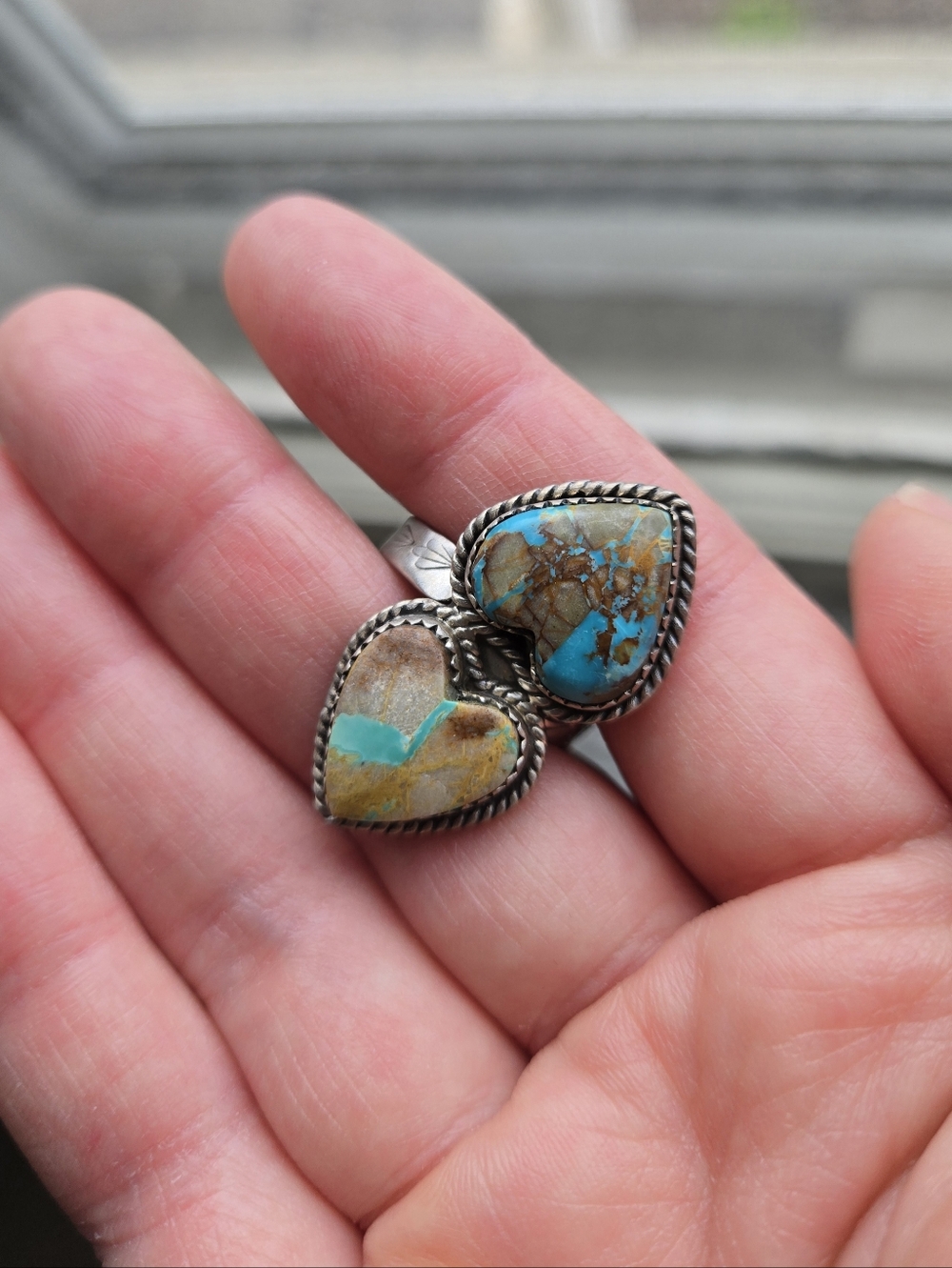 Handmade Sterling Silver Royston Ribbon Turquoise Adjustable Ring Signed - Picture 10 of 15